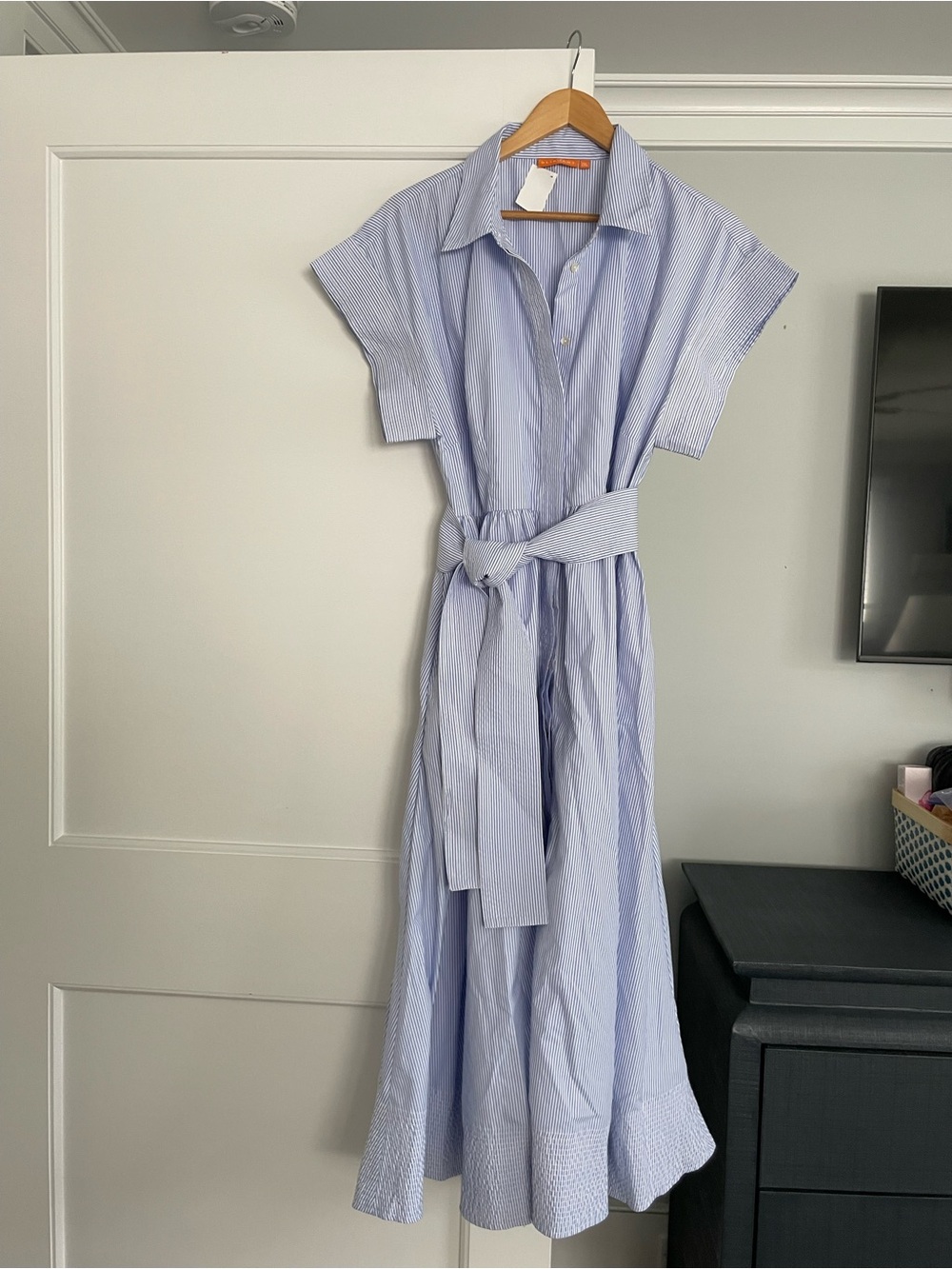 Oliphant Light Blue Striped Midi Shirt Dress with Waist Tie